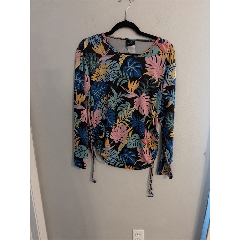 Caribbean Joe Tropical Floral Swim Coverup Womens Sz. Large Beachy Rouched Sides